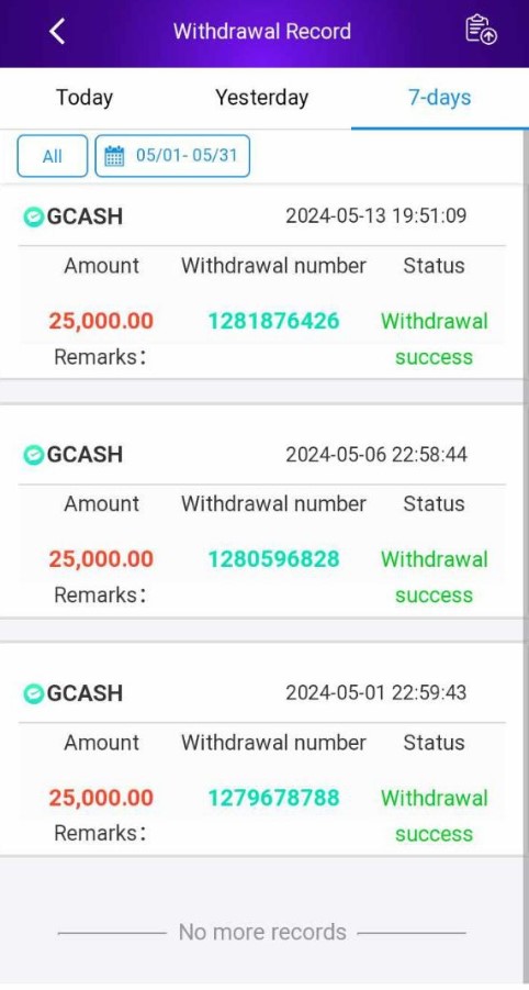 YE7 Withdrawal record